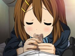 closed_eyes fellatio female human human_only k-on! male oral straight yui_hirasawa_(k-on!)