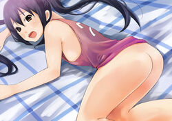 ass azusa_nakano_(k-on!) bed black_hair blush brown_eyes female female_only human human_only k-on! long_hair lying open_mouth solo