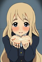 after_sex blonde_hair blush clothed cum cum_in_mouth cum_on_body cum_on_hand cum_on_upper_body cum_string cum_trail female highres human human_only k-on! long_hair nagai_ham solo sweat tears tsumugi_kotobuki_(k-on!)