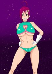 1girls black_eyes breasts character_request cleavage clothing copyright_request female female_only gloves hair_ornament locketmonkey looking_at_viewer magenta_hair nipples panties smile solo space underboob white_skin