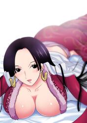 1girls black_eyes black_hair blush boa_hancock breasts cleavage earrings female female_only highres jewelry long_hair lying one_piece shiny solo straight_hair