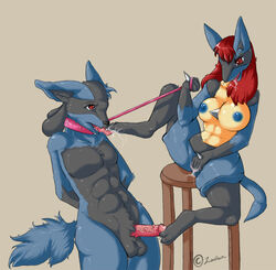 anthro arms_behind_back balls big_breasts breasts collar feet female female_lucario femdom fingering foot_lick footjob fur furry furry_only leash licking_toes lucario male male_lucario malesub masturbation nintendo nipples penis pokemon pokemon_(species) pokemon_dppt red_eyes red_hair spread straight straight_hair tongue tongue_out zanthia