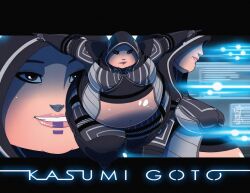 action_pose bbw black_eyes close_up fat fat_belly fat_breasts fat_female fat_thighs female gray_clothes kasumi_goto mass_effect obese purple_markings seriojainc weight_gain