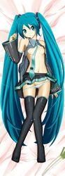 blue_eyes blue_hair dakimakura hatsune_miku headphones leek lying panties skirt tie tied_hair twintails vocaloid white_panties