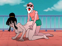 2d age_difference barefoot black_hair breasts chichi chichi_(beginning_of_z) clothing day doggy_style dragon_ball dragon_ball_z feet female full_color human male master_roshi nude nude_female older_male outdoors pale_skin sex side_view straight tagme vaginal_penetration white_hair younger_female