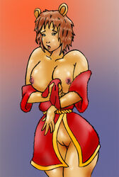 anthro arthur_(series) bashful bathrobe breasts brown_fur brown_hair female female_only front_view housecoat jane_read large_breasts open_clothing pussy short_hair solo standing tagme