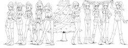 ai_yori_aoshi asuka_langley_sohryu bulma_briefs christmas clothes clothing crossover digimon dragon_ball dragon_ball_z dress erect_nipples erect_nipples_under_clothes female female_only front_view glasses godofchaos human jun_motomiya large_breasts medium_breasts mimi_tachikawa monochrome multiple_females neon_genesis_evangelion rei_ayanami skirt sora_takenouchi standing taeko_minazuki teenager videl