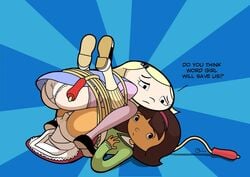 2girls becky_botsford black_hair blonde_hair bondage female female_only jump_rope malachi multiple_girls panties pbskids skirt upskirt violet_heaslip wordgirl