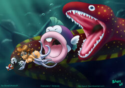 ayvuir_blue blooper blooper_baby bubbles cheep_cheep cheep_chomp feral fish humor imminent_vore large_ass large_breasts mario_(series) nintendo princess_daisy shax_(artist) shaxbert smile super_mario_64 super_mario_bros. unagi_the_eel underwater vore