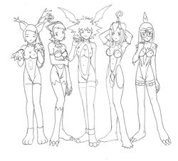 5girls biyomon biyomon_(cosplay) black_and_white breasts clothes cosplay digimon digimon_(cosplay) digimon_adventure female female_only front_view gagomon gatomon gatomon_(cosplay) gloves godofchaos hawkmon hawkmon_(cosplay) hikari_yagami human jun_motomiya mimi_tachikawa miyako_inoue monochrome multiple_girls palmon palmon_(cosplay) patamon patamon_(cosplay) sketch sora_takenouchi standing tailmon tailmon_(cosplay) toei_animation