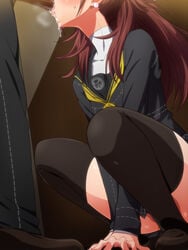 arm_support black_legwear blush brown_hair censored earrings fellatio female hairu highres jewelry kujikawa_rise long_hair mosaic_censoring oral penis persona persona_4 saliva school_uniform serafuku shoes socks squatting standing sweat thighhighs