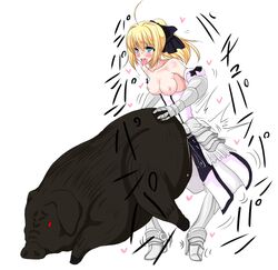 armor armored_boots armored_dress artoria_pendragon artoria_pendragon_(lily) bestiality blonde_hair blush fate/grand_order fate/unlimited_codes fate_(series) female gauntlets medium_breasts nipples nrvnqsr_chaos open_mouth penetration pig pleasure_face ponytail porcine sex suid suina sus_(pig) swine tongue tongue_out topless tsukihime zoophilia