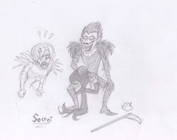 apple cartoon_network crossover death_note grim_(billy_and_mandy) male male_only monochrome rem_(death_note) ryuk tagme the_grim_adventures_of_billy_and_mandy traditional_media_(artwork) weird_crossover yaoi