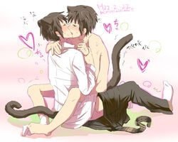 animal_ear blush brown_eyes brown_hair cat_tail highres itsuki_koizumi kissing kyon male multiple_boys nishisaki nude selfcest suzumiya_haruhi_no_yuuutsu sweat tail tear yaoi