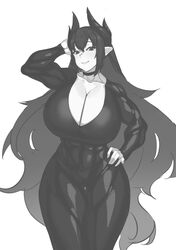 bodysuit choker franham horn huge_breasts long_hair monochrome muscular tagme thigh_gap