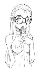 1girls big_breasts busty digimon female female_only glasses godofchaos human large_breasts miyako_inoue monochrome mouth_hold nipples nude smile solo tagme used_condom