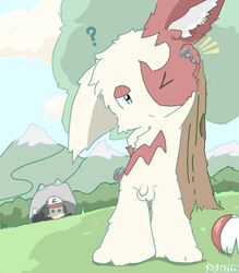 3trees ash_ketchum color day fur human interspecies male male_only multiple_males nude outdoors penis pokemon pokemon_(anime) pokemon_(species) pokemon_rse standing tagme zangoose