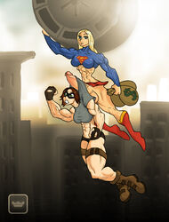 2girls abs breasts color dc flying futa_on_female futanari hyper_penis hyper_testicles intersex mask muscular muscular_female muscular_futanari penis penis_under_skirt rookerrant skirt strength supergirl suspended_on_penis testicles