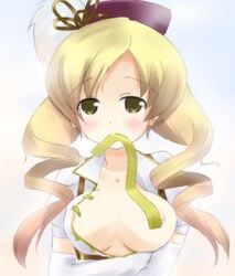 areola areola_slip artist_request bad_id blonde_hair drill_hair hat large_breasts mahou_shoujo_madoka_magica ribbon_in_mouth simple_background source_request staring_at_viewer tomoe_mami white_background