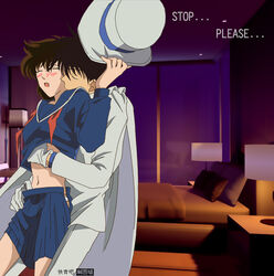 1boy1girl aoko_nakamori blushing cape female hat holding_hat kaito_kuroba kaitou_kid kissing_neck lifting_shirt magic_kaito male male/female school_uniform schoolgirl skirt tagme thong_peek white_suit