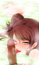 barefoot bath bathtub blush brown_hair censored close-up dark-skinned_male dark_skin feet female hairu handjob highres kujikawa_rise licking long_hair looking_at_viewer mosaic_censoring naughty_face nude oral penis persona persona_4 saliva shadow_rise shadow_self_(persona) solo steam tied_hair toes tongue tongue_out twintails water wet wink yellow_eyes