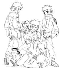 clone female gangbang godofchaos human line_art male monochrome muscular_male naruto naruto_(classic) sakura_haruno straight uzumaki_naruto