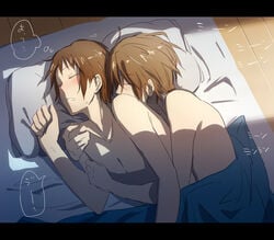 2boys arm arms back_kiss bare_arms bare_shoulders bed_sheet blush brown_hair clenched_hand closed_eyes collarbone futon hand_up hug hug_from_behind human human_only indoors itsuki_koizumi kissing kyon lying male male_only multiple_boys multiple_males neck nude nude_cover on_side pillow shade short_hair sleeping sunlight suzumiya_haruhi_no_yuuutsu teeth under_covers yaoi