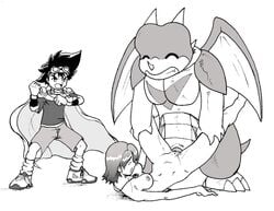 1boy1girl 1girls 2girls aeroveedramon digimon digimon_(species) digiphilia digitag female female_focus godofchaos human monochrome rei_saiba taichi_yagami zeromaru