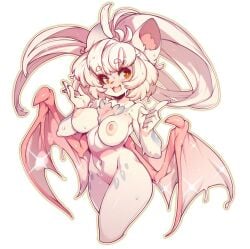 :3 anthro_only bat_girl blush breasts cute_fang looking_at_viewer nude open-mouth_smile slugbox smile white_hair wings yellow_eyes