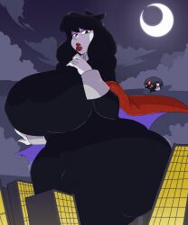 adult_swim artist_request beetlejuice big_lips cape character_fusion city city_background creepy_susie fat_ass fusion fusion_character giantess goth goth_girl huge_ass huge_breasts lipstick lydia_deetz moon night poncho red_lipstick the_addams_family the_oblongs thick_thighs wednesday_addams