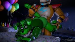 3d animated cum fan_character five_nights_at_freddy's gay glamrock_freddy_(fnaf) green_hair male male_only male_penetrating_male mp4 no_sound sfmmations video