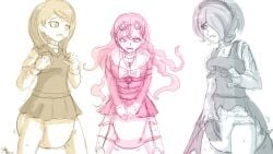 3girls akamatsu_kaede blonde_hair breasts danganronpa danganronpa_v3 diaper gloves goggles goggles_on_head grey_hair hand_on_diaper iruma_miu large_breasts line_art long_hair maid maid_headdress maid_uniform medium_breasts pink_hair school_uniform short_hair short_skirt sketchmandl skirt small_breasts straight_hair sweating tears toujou_kirumi