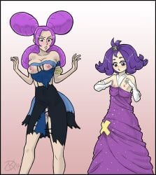 2girls acerola_(pokemon) acerola_(pokemon)_(cosplay) breasts clothes_swap clothing costume_switch dress exposed_breasts exposed_pussy fantina_(pokemon) fantina_(pokemon)_(cosplay) female female_only flat_chest gym_leader_(cosplay) human multiple_girls nipples oktober-after-dark outfit_swap oversized_clothes pokemon pokemon_dppt pokemon_sm pussy swapped_clothes torn_clothes undersized_clothes wardrobe_malfunction