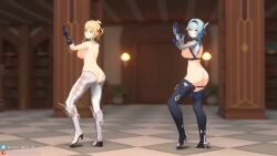 2girls 3d animated ass blonde_hair blue_hair bouncing_breasts breasts censored curvy_body curvy_female curvy_figure curvy_hips dancing eula_(genshin_impact) female female_only genshin_impact high_heels jean_gunnhildr jiggle large_breasts library longer_than_30_seconds milf mp4 multiple_girls music navel pussy reverse_outfit sound thick_thighs thighhighs tir_al video wide_hips