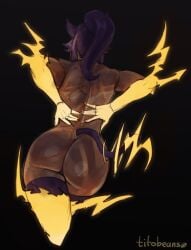 1girls animal_ears animal_hands animal_legs ass back_view big_ass black_background bleach bottomless cat_ears cat_tail dark-skinned_female dark_skin dat_ass female female_only hands_on_back hands_on_hips purple_hair shihouin_yoruichi solo solo_female solo_focus tagme tail titobeansz topless walking