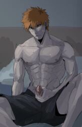 1boy abs asure_(asure_twi) black_shorts black_sky bleach heterochromia highres ichigo_kurosaki indoors looking_at_viewer male_focus male_only masturbation muscular muscular_male orange_hair pectorals penis short_hair shorts sitting solo sweat topless_male