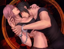 1boy 1girls artist_request asuranscarlet black_hair blue_eyes breasts cleavage cuffs eclair_farron female final_fantasy final_fantasy_xiii final_fantasy_xv glowing glowing_eyes handcuffed licking licking_chest licking_partner looking_at_viewer male midriff no_bra noctis_lucis_caelum pants pink_hair red_eyes shirt shirt_lift skirt spiky_hair square_enix straight undressing undressing_partner wrist_cuffs