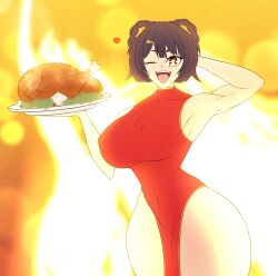 1girls accessory arm_behind_head arm_up chinese_clothes dinner dragonbreaker genshin_impact holding huge_breasts indigo_hair muscular muscular_female nipple_bulge one_eye_closed orange_eyes posing qipao smile smiling_at_viewer thick_thighs turkey wink xiangling_(genshin_impact)