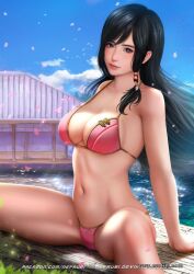 1girls bikini black_hair blue_eyes dead_or_alive kokoro_(doa) large_breasts legs_spread looking_at_viewer nefrubi spread_legs