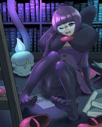 bodysuit book clothed clothed_female feet fell_down female glasses gloves human jpeg leggings littleurin litwick panties panties_visible_through_clothing pantyhose pokemon pokemon_bw purple_bodysuit purple_hair shauntal_(pokemon) sitting skirt tights upskirt