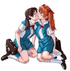 2girls asuka_langley_sohryu breasts brown_hair clothed female female_only gainax hikari_horaki human kissing knee_socks kneehighs kneesocks light-skinned_female light_skin loafers long_hair neon_genesis_evangelion red_hair school_uniform socks tsngrmn twintails white_socks yuri