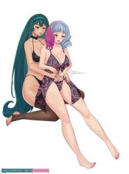 2girls lenydrawsx_(artist) lingerie long_hair melony_(mr_deus_vult) mr_deus_vult multiple_girls original painting_nails short_hair yuri