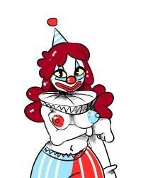 blue_nipples clothing clown clown_costume clown_girl clown_makeup clown_nose clown_paint clussy female gloves handwear hi_res makeup mevka_(artist) nipples painted_nipples red_nipples simple_background smile solo toony white_background white_body