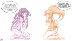 2girls angry apron arms_crossed bandage bandaged_arm blush breasts danganronpa danganronpa_2:_goodbye_despair diaper embarrassed female female_only hair_ornament kimono kneeling long_hair nurse nurse_uniform orange_hair purple_hair saionji_hiyoko short_kimono sketch sketchmandl small_breasts straight_hair text text_bubble tsumiki_mikan twintails