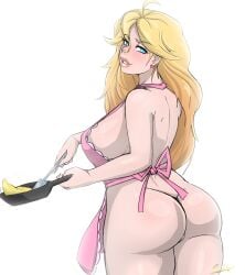 1girls apron apron_only artist_name ass ass ass_focus back_view big_ass big_breasts blonde_hair blue_eyes breasts cooking earrings eyebrows_visible_through_hair female female_only fishywishy frying_pan heart_earrings light-skinned_female light_skin long_hair mostly_nude naked_apron pink_apron sideboob solo solo_female stuffy_bunny tagme thick_thighs valentine_(derpixon) white_background