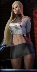 blizzard_entertainment blonde_hair blue_eyes car choker cutout fishnets mercy moonroomoom overwatch overwatch_2 shiny_clothes