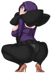 black_legwear breasts bubble_butt clothed clothed_female glasses high_heels komousou leggings looking_at_viewer looking_back maru_(maruttona) panties panties_visible_through_clothing pantyhose pokemon pokemon_bw purple_hair see-through_clothing shauntal_(pokemon) skirt squatting tights