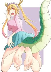 1girls barefoot blonde_hair breasts casual dragon_girl dragon_horns dragon_tail feet horns kobayashi-san_chi_no_maidragon large_breasts leafar long_hair looking_at_viewer miss_kobayashi's_dragon_maid open_mouth orange_eyes slit_pupils smile soles solo tail toes tohru_(dragon_maid) twintails