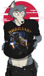 abs anime_style beastars clothing fur furry giorgio_117 grey_body grey_fur japan legoshi_(beastars) male male_focus male_only nails russian russian_text scars sexyfur tshirt wolf wolf_ears