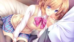 1boy bangs between_legs blonde_hair blue_eyes blue_skirt bow bowtie collared_shirt eyes_visible_through_hair female game_cg grey_pants grey_thighhighs hair_between_eyes hair_ornament hair_over_one_eye hand_between_legs handjob imminent_fellatio iwanuma_rin long_hair long_sleeves miniskirt moekibara_fumitake open_mouth pants penis pink_bow pink_bowtie plaid plaid_bow plaid_bowtie plaid_skirt pleated_skirt school_uniform shiny shiny_hair shirt sitting skirt straight sweater sweater_vest thighhighs wariza white_shirt wing_collar yellow_sweater yumahorome_~toki_wo_tometa_yakata_de_asu_wo_sagasu_maigo-tachi~ zettai_ryouiki